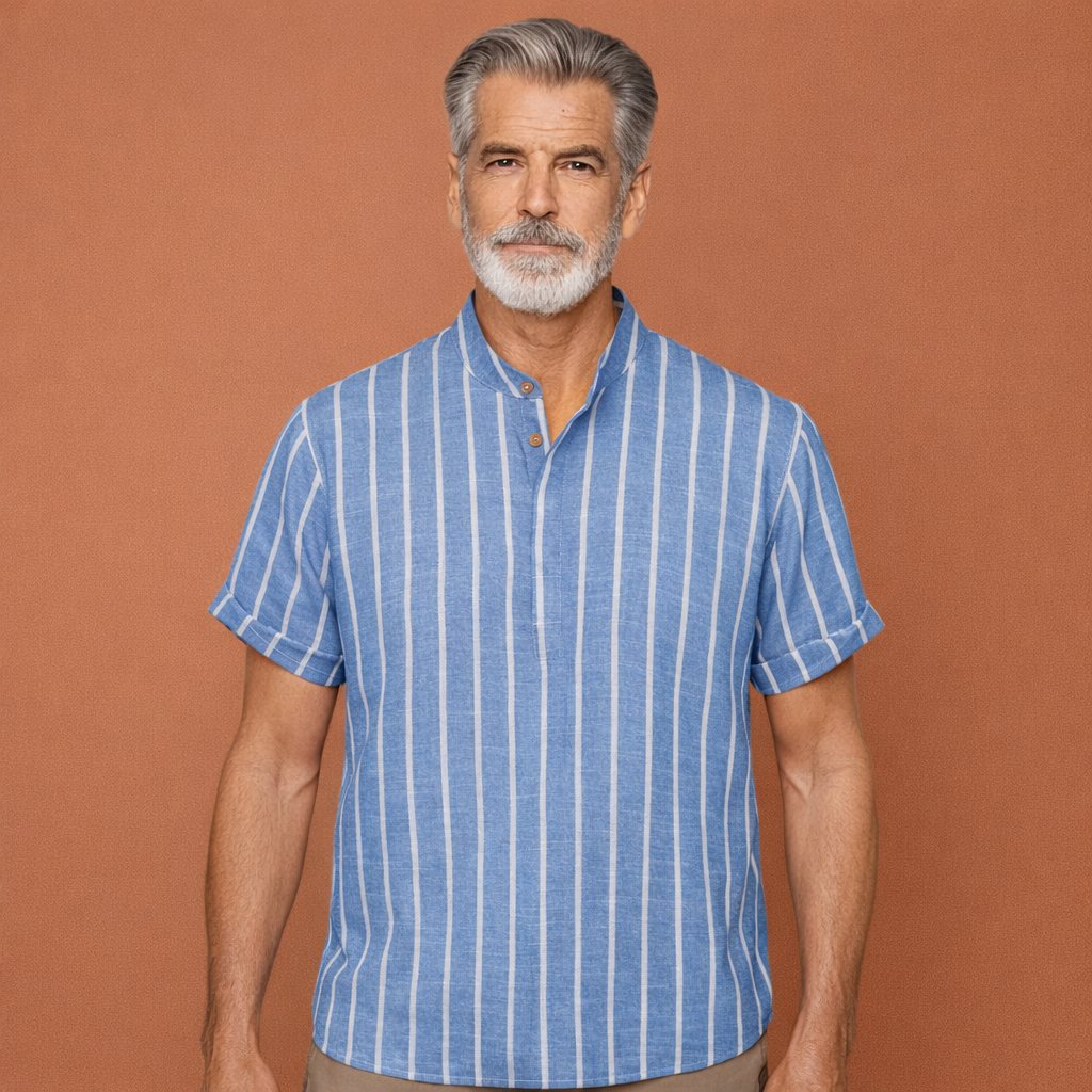 Striped summer shirt with short sleeves and stand-up collar for men | Sjoerd