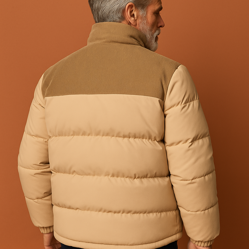 Beige puffer jacket with corduroy detail for men with regular fit | Dylan