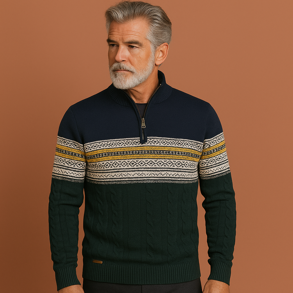 Knitted winter sweater with zipper and Norwegian pattern for men | Mees