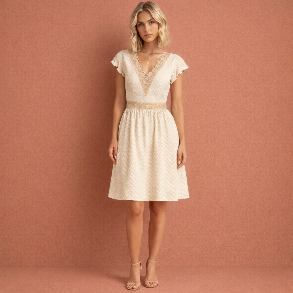 Lightweight mini dress with V-neck and waistband for women | Novi