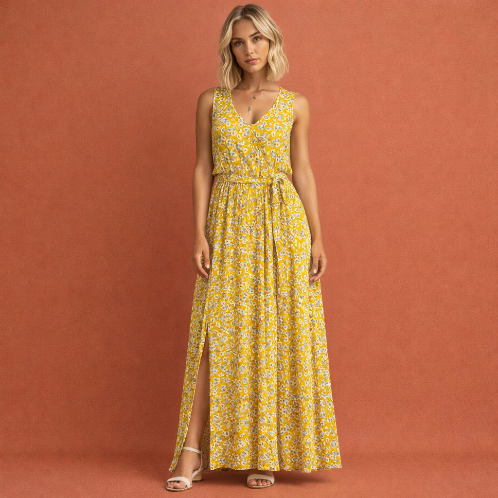 Sleeveless maxi dress with floral print and high slit for women | Lotte