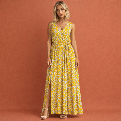 Sleeveless maxi dress with floral print and high slit for women | Lotte