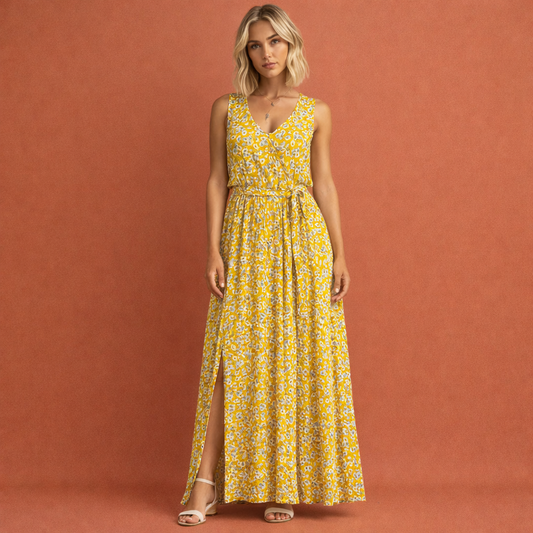 Sleeveless maxi dress with floral print and high slit for women | Lotte