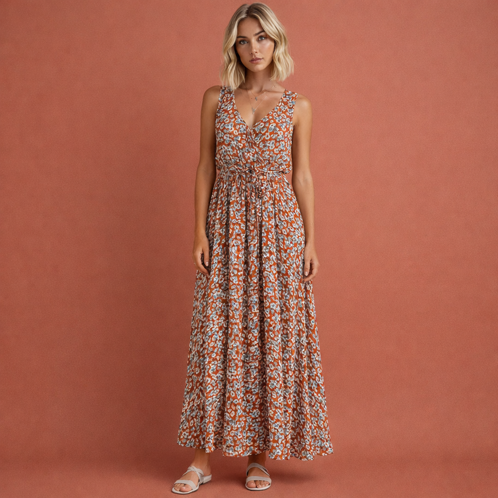 Sleeveless maxi dress with floral print and high slit for women | Lotte