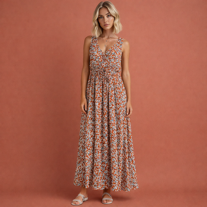 Sleeveless maxi dress with floral print and high slit for women | Lotte