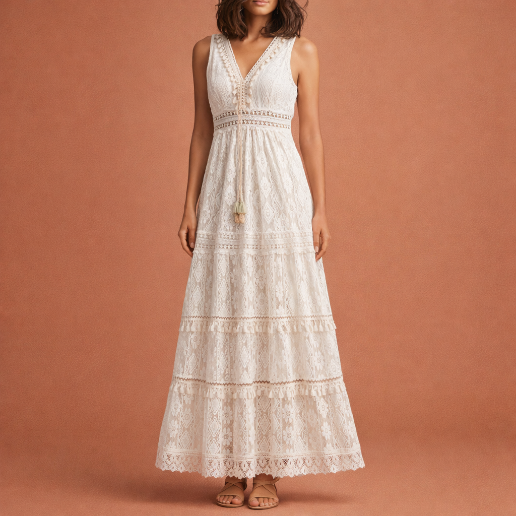 Boho Summer Maxi Dress with V-Neck and Split for Women | Elara
