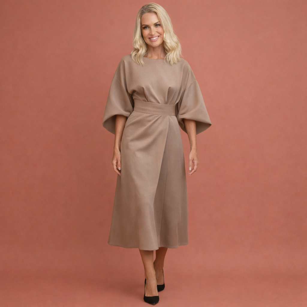 Maxi wrap dress with belt and wide sleeves for women | Evelina