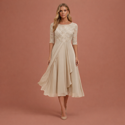 Midi evening dress with lace bodice and layered skirt for women | Amalia