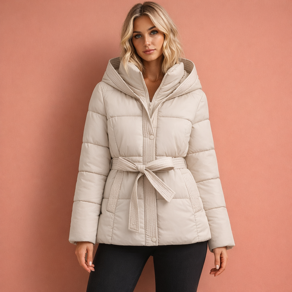 Elegant Padded Coat with Hood and Belt for Women | Jackalyn
