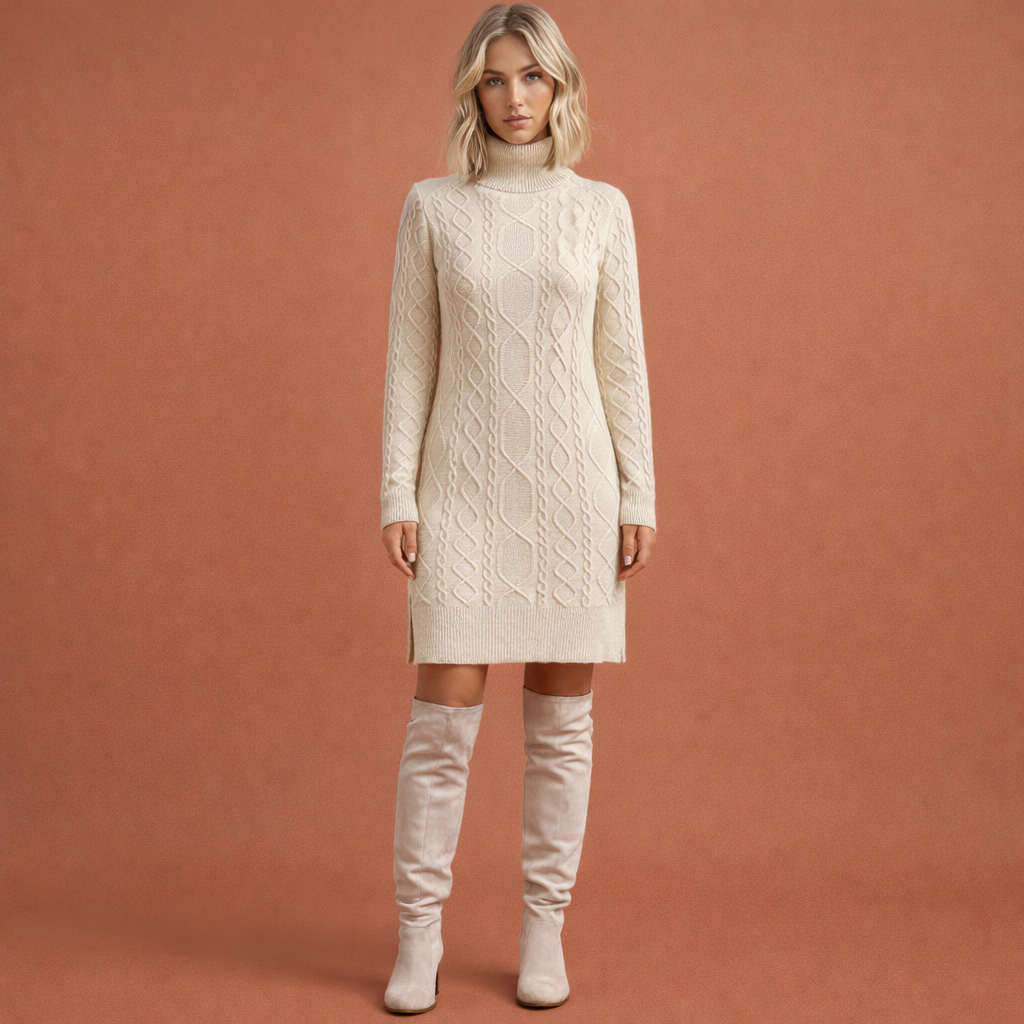 Midi knitted dress with long sleeves and round neckline for women | Wilma