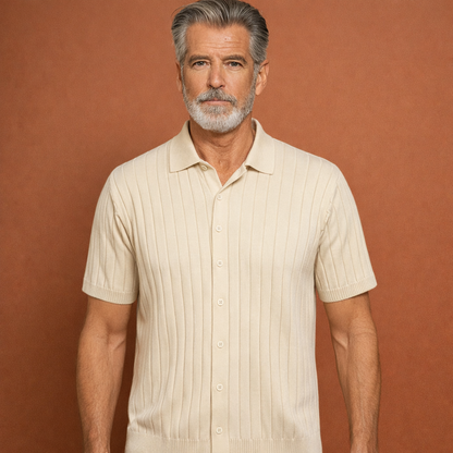 Knitted rib shirt with lapel collar and button closure for men | Laurens