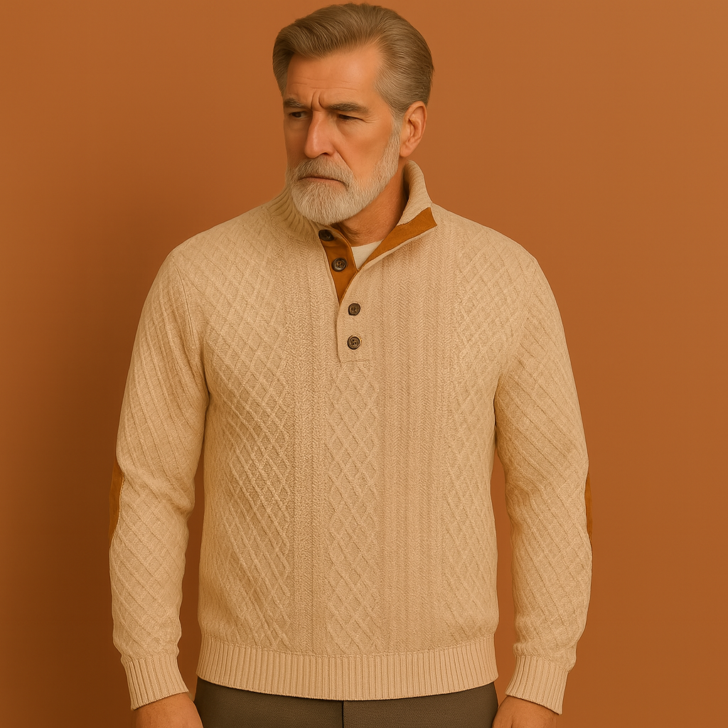 Knit Men's Sweater with Button Collar and Elbow Details | Antoon
