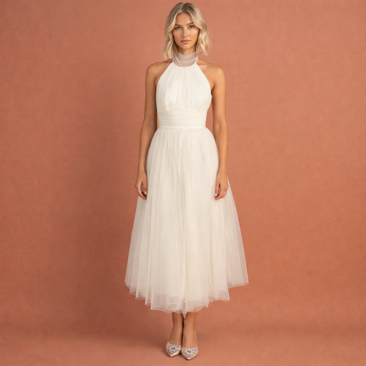 Maxi dress with halter neck and layered skirt for women | Aubrey