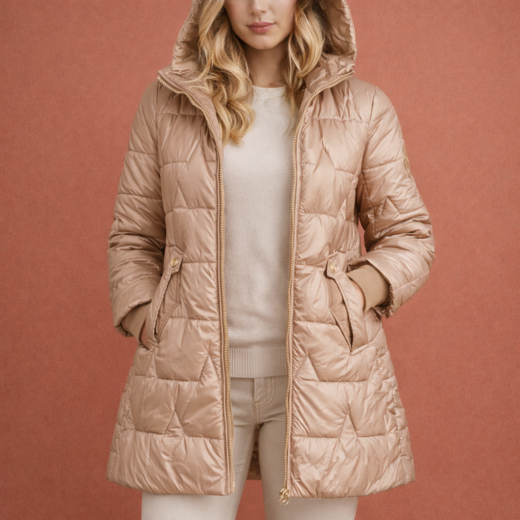 Long padded coat with hood and zipper for women | Yvette