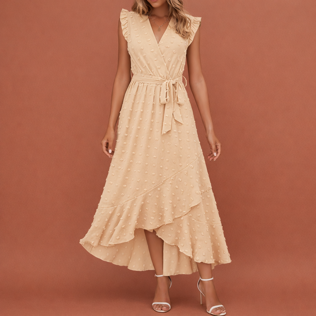 Maxi pleated dress with polka dots and short sleeves for women | Celina