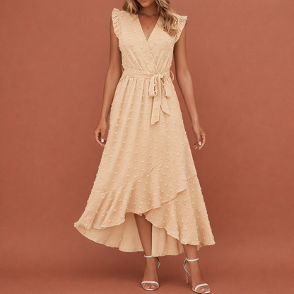 Maxi pleated dress with polka dots and short sleeves for women | Celina