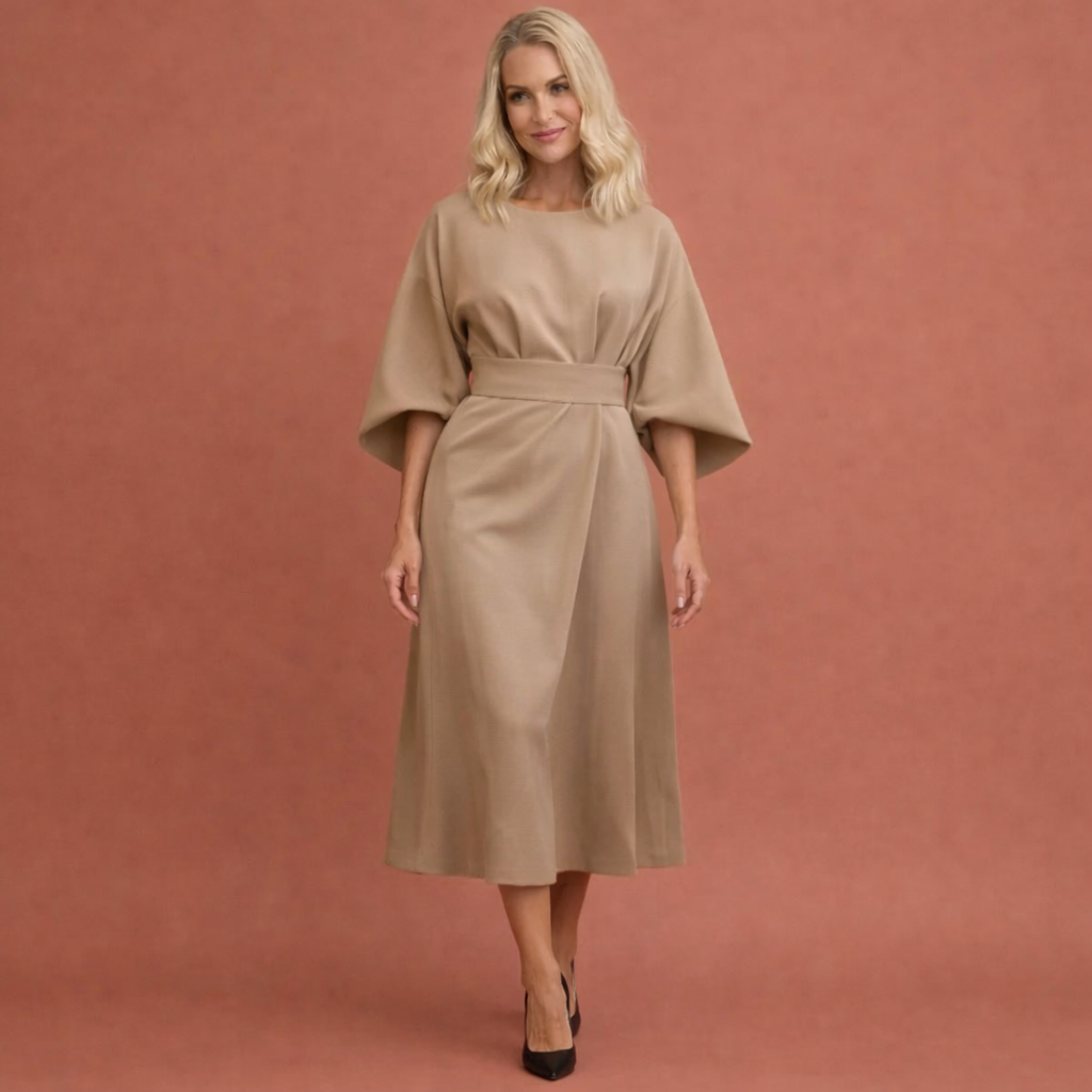 Midi dress with lantern sleeves and belt for women | Julie