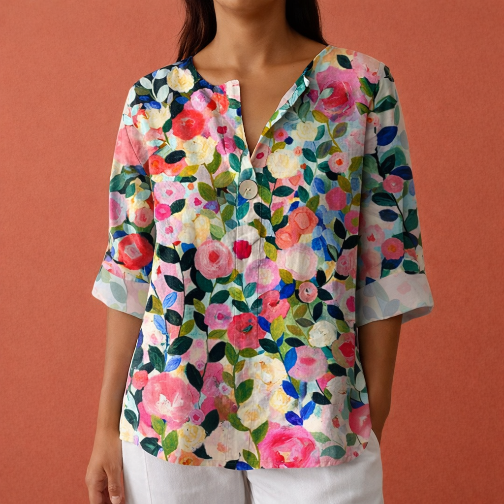 Flower print blouse with V-neck and buttons for women | Mirel