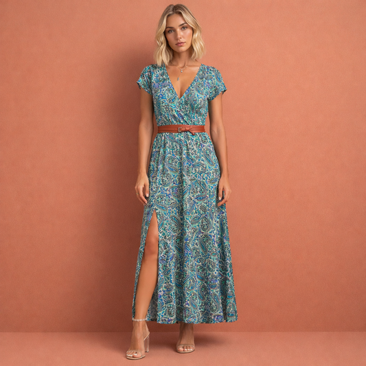 Maxi dress with paisley pattern, waistband, and high slit for women | Nanne
