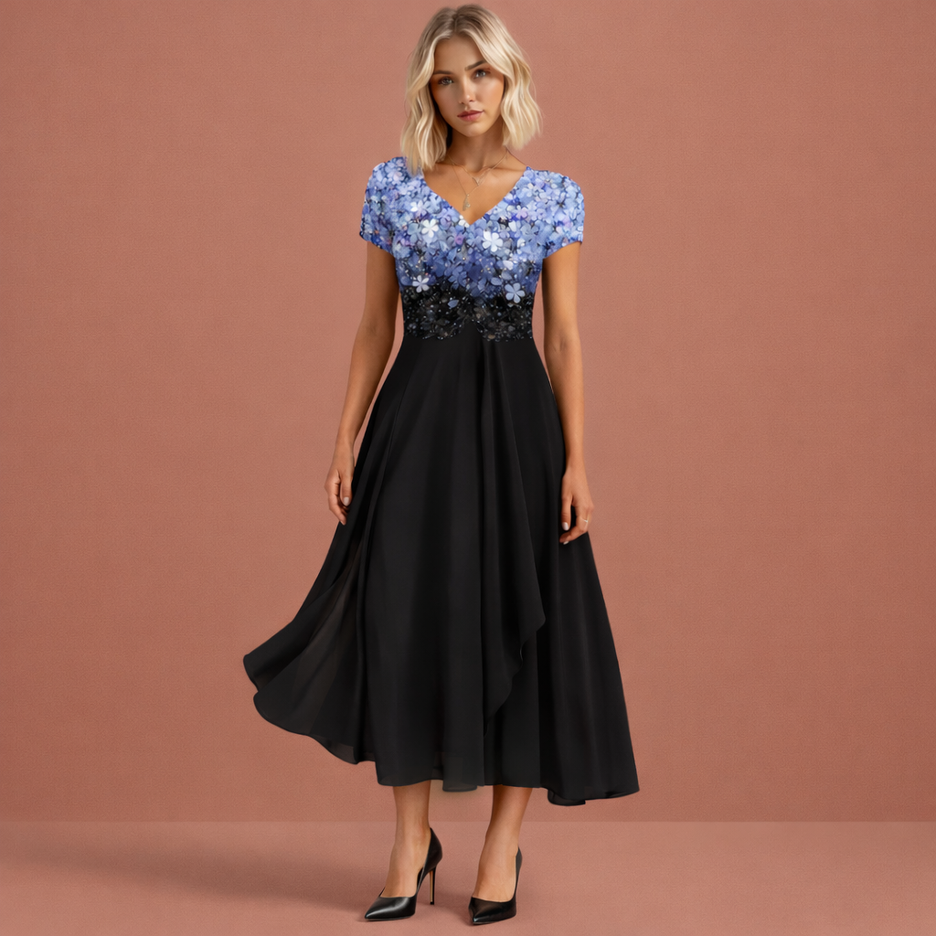 Midi evening dress with V-neck and floral bodice for women | Faith