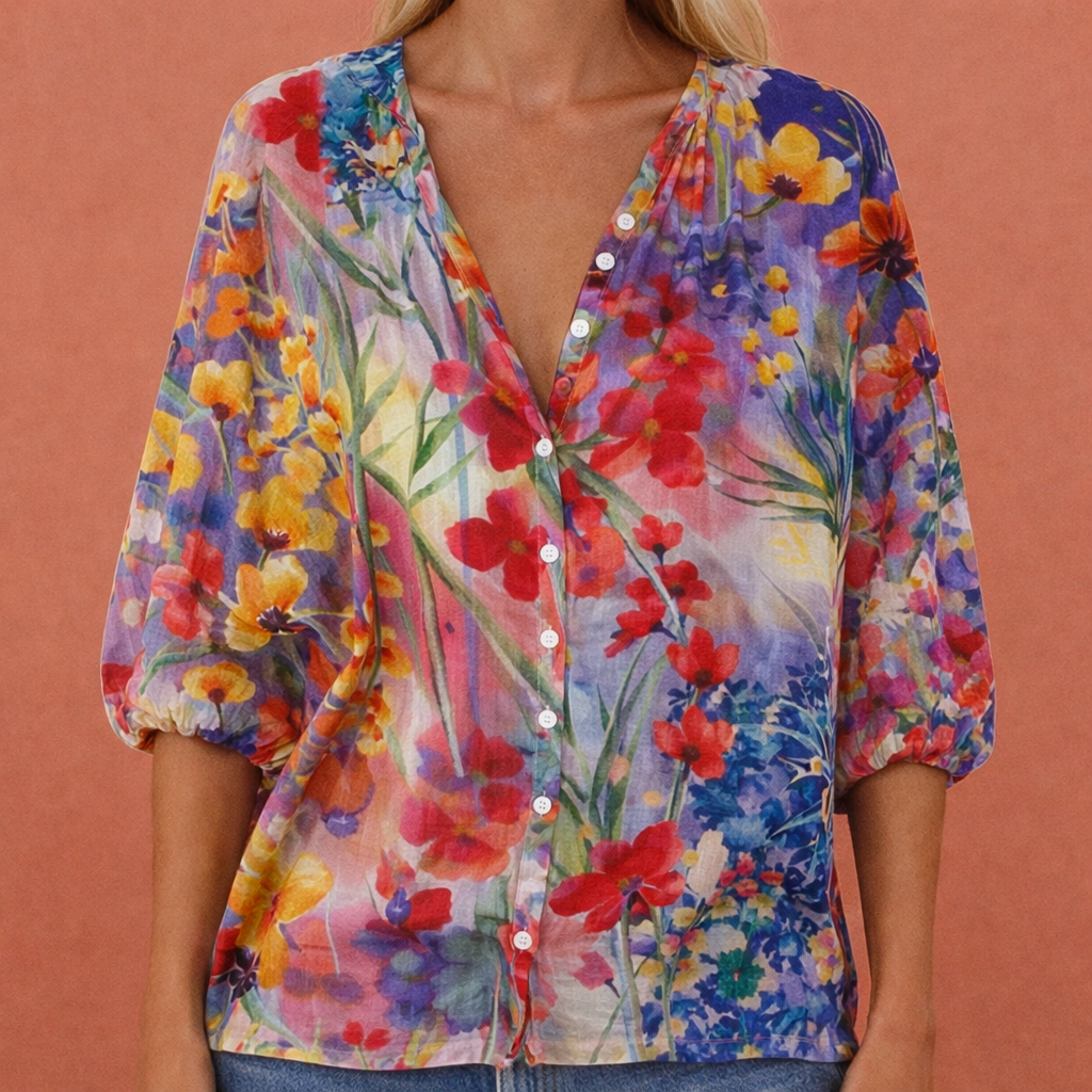 Printed blouse with V-neck and button closure for women | Mireya