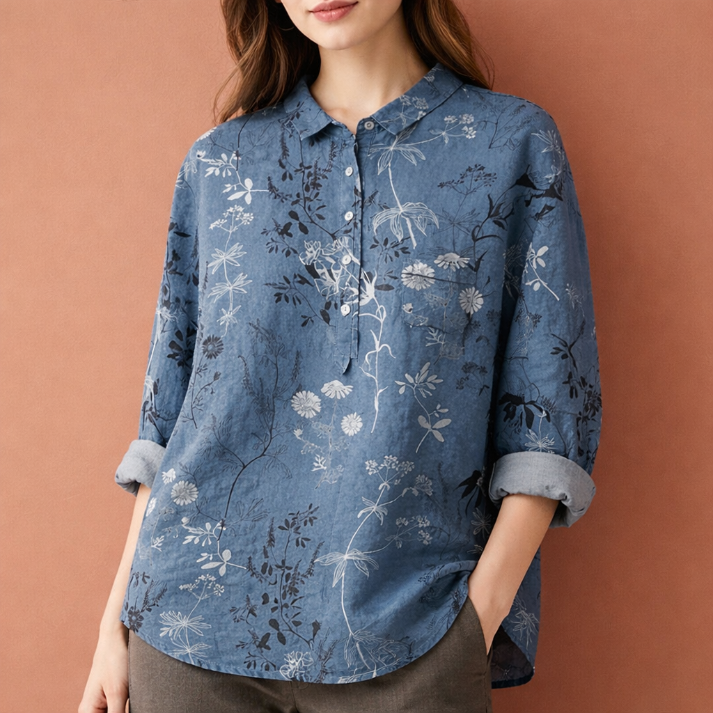 Flower print blouse with long sleeves and collar for women | Viona
