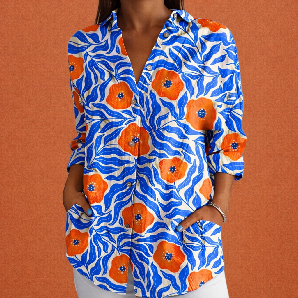 Printed ladies' blouse with classic collar and button closure | Yvonne