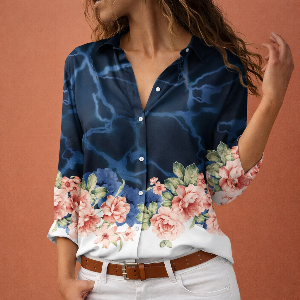 Printed women's blouse with classic collar and button closure | Hanna