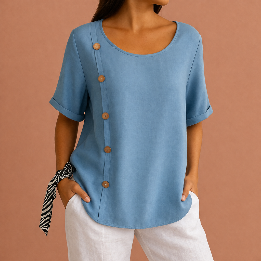 Short sleeve women's blouse with round neck and decorative buttons on the side | Elara