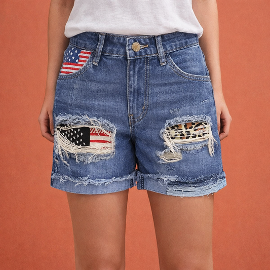 High-waisted denim shorts with destroyed details for women | Amina