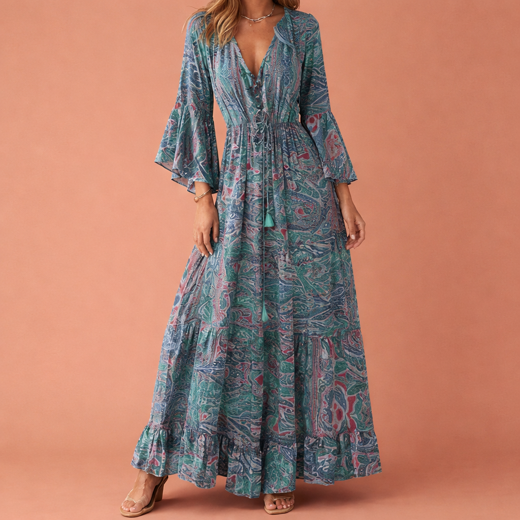 Maxi Bohemian Floral Dress with Flared Sleeves for Women | Aveline