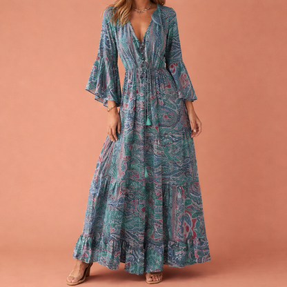 Maxi Bohemian Floral Dress with Flared Sleeves for Women | Aveline