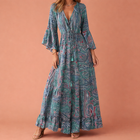 Maxi Bohemian Floral Dress with Flared Sleeves for Women | Aveline