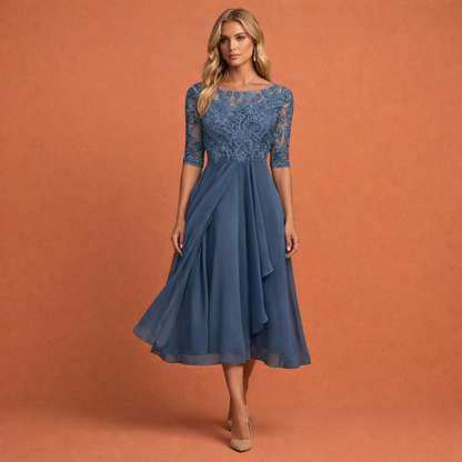 Midi evening dress with lace bodice and layered skirt for women | Amalia