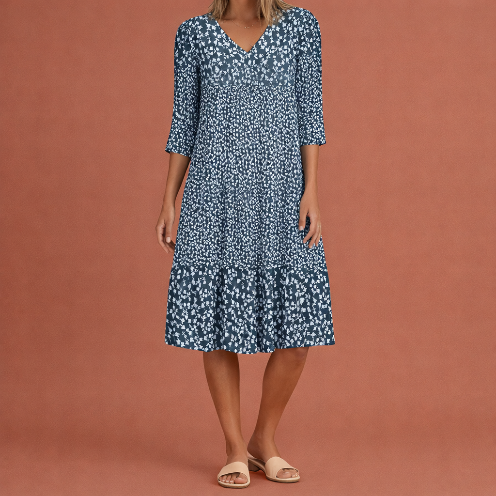 Midi dress with short sleeves and V-neck for women | Elaraëlle