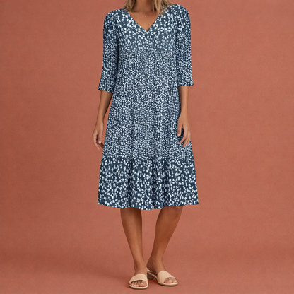 Midi dress with short sleeves and V-neck for women | Elaraëlle