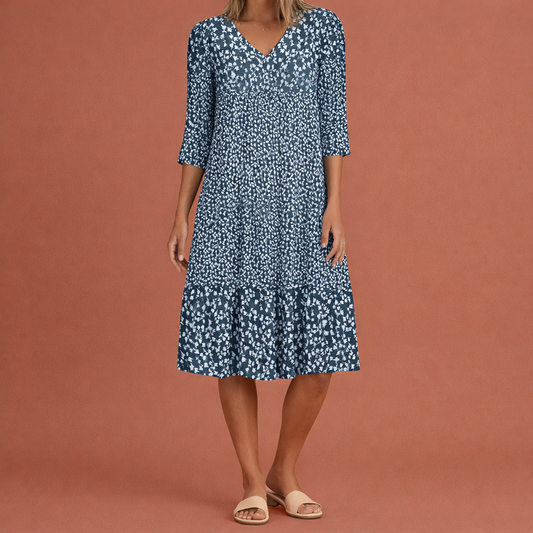 Midi dress with short sleeves and V-neck for women | Elaraëlle