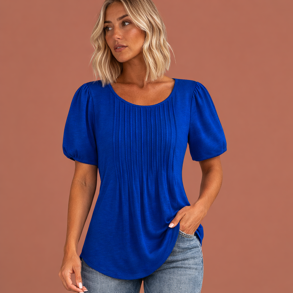 Ladies' Summer Top with Round Neck and Pleat Details | Marlijn