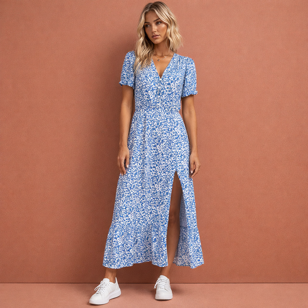 Floral Summer Dress with Button Row and Split for Women | Femke