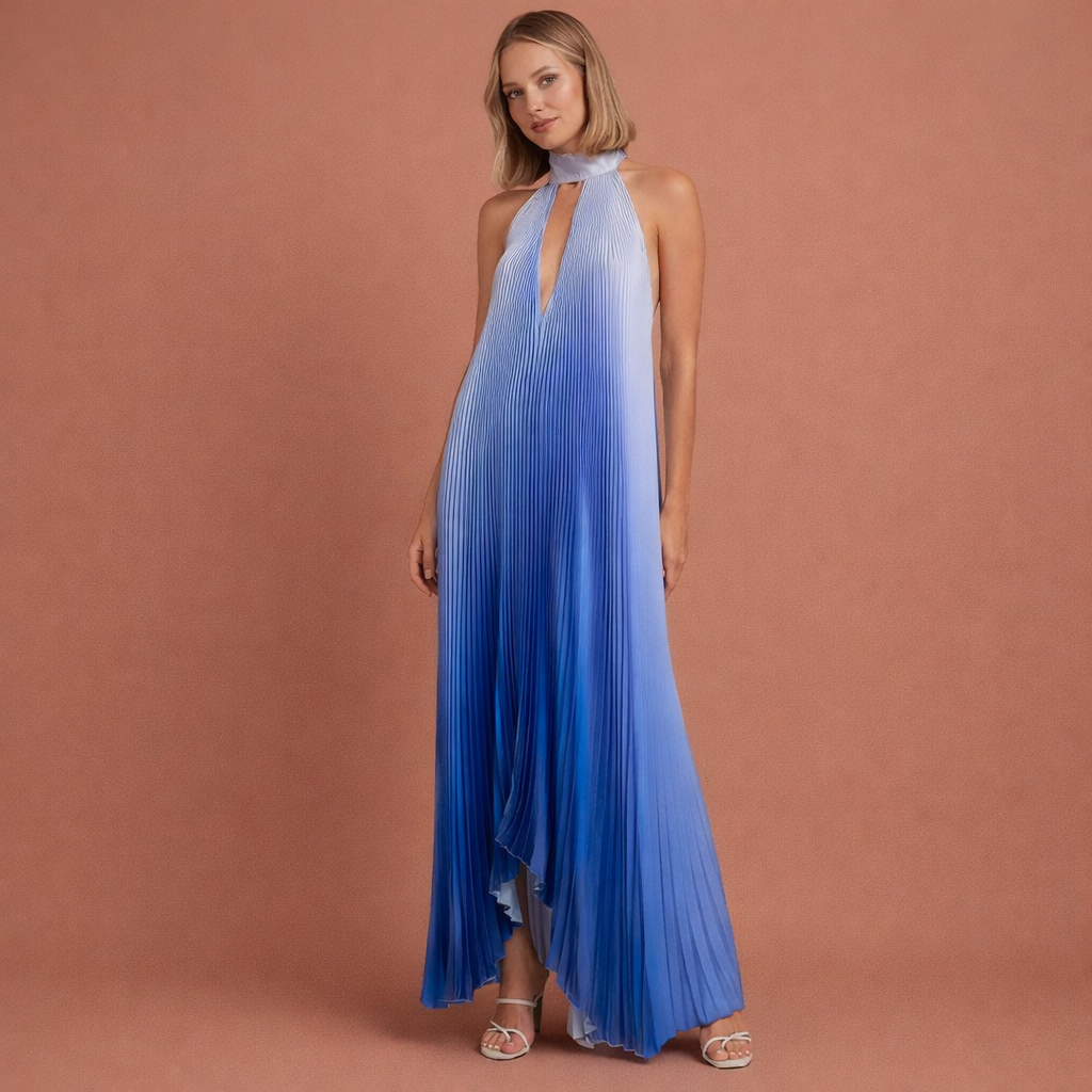 Pleated maxi dress with halter neck and print for women | Amara