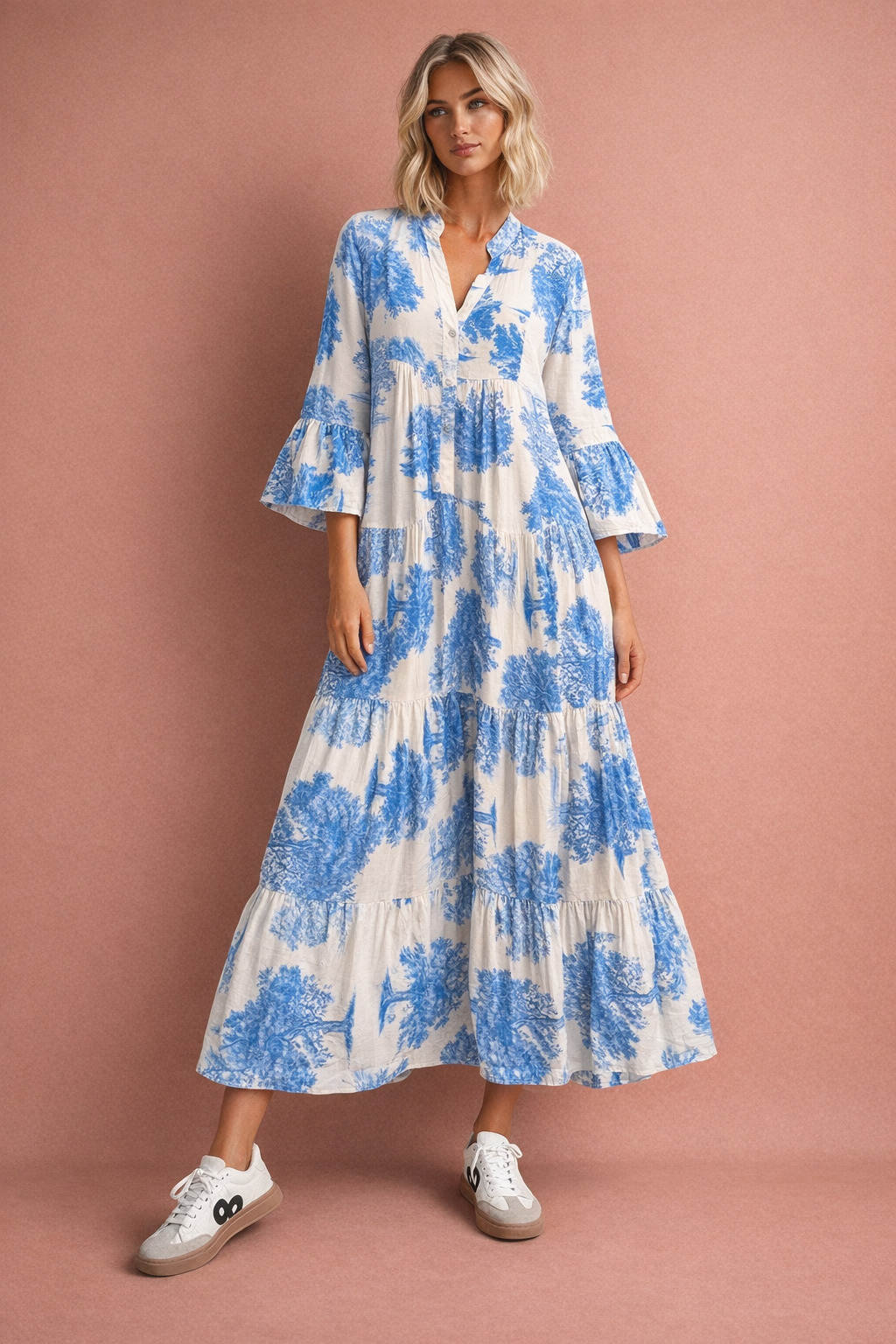 Maxi dress with print, flounce sleeves, and stand-up collar for women | Petra