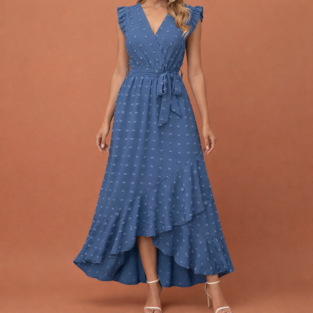 Maxi pleated dress with polka dots and short sleeves for women | Celina