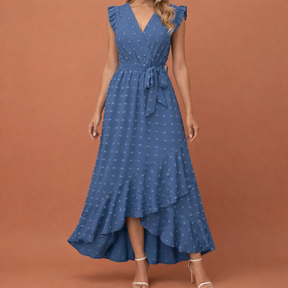 Maxi pleated dress with polka dots and short sleeves for women | Celina