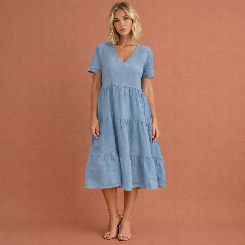 Midi dress with V-neck and flouncy ruffles for women | Rebecca