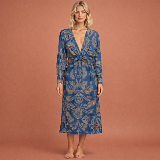 Elegant midi dress with twist detail and floral pattern for women | Lowiena