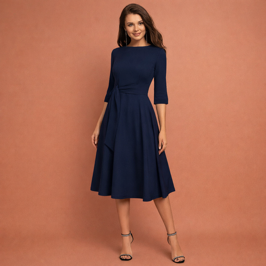 Midi dress with integrated belt and three-quarter sleeves for women | Juvy