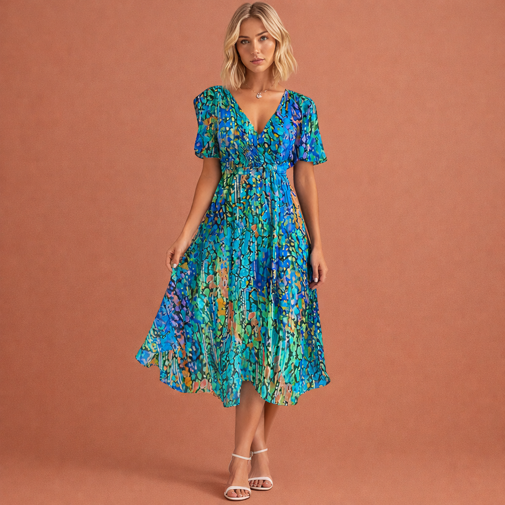 Midi dress with floral print and short sleeves for women | Charlotte