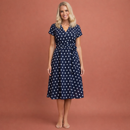 Polka dot dress with V-neck and belt for women | Frederika