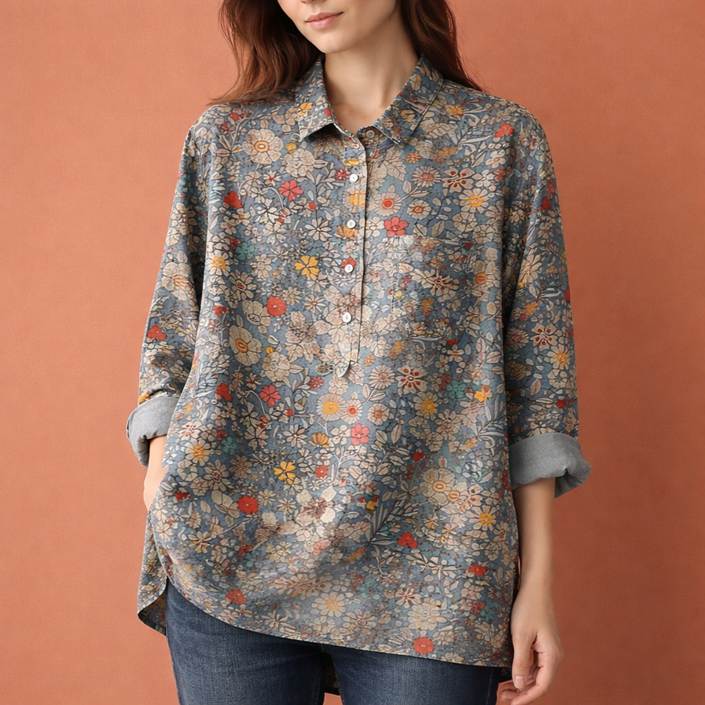 Flower print blouse with long sleeves and collar for women | Viona