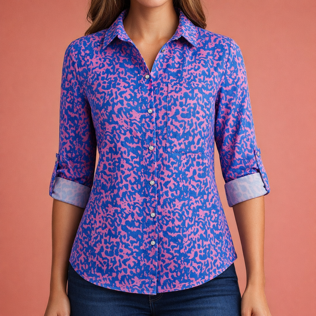 Printed women's blouse with collar and button closure | Mireya